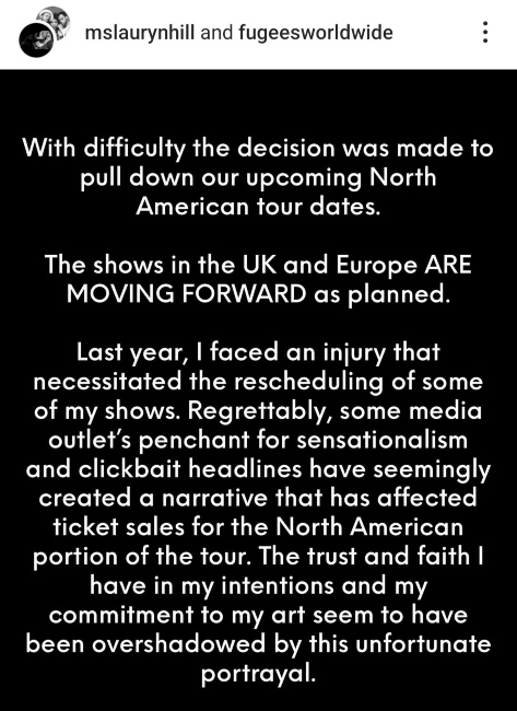 Lauryn Hill Statement on Canceled Tour