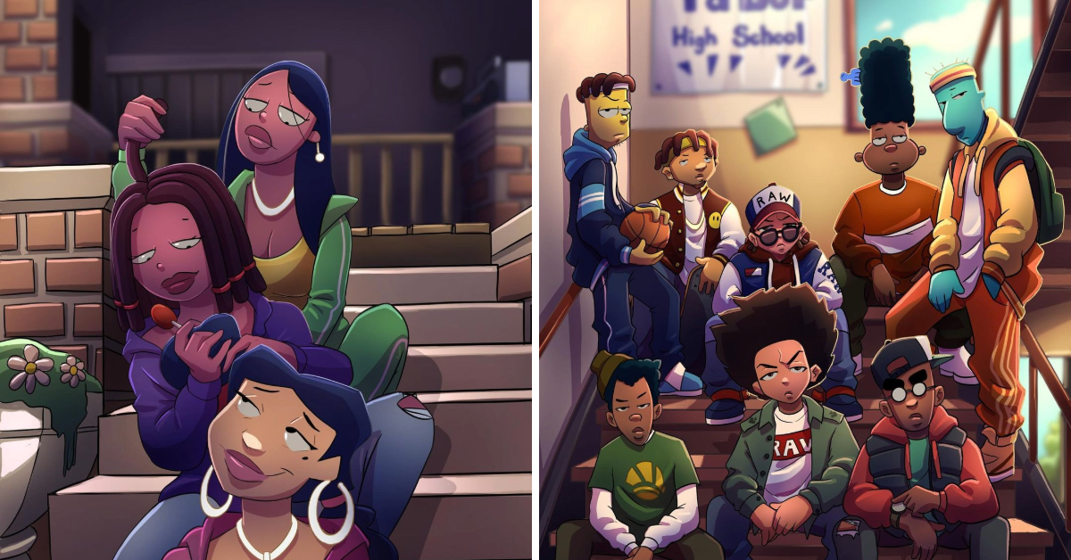 Various Black Cartoon Characters Together as Friends